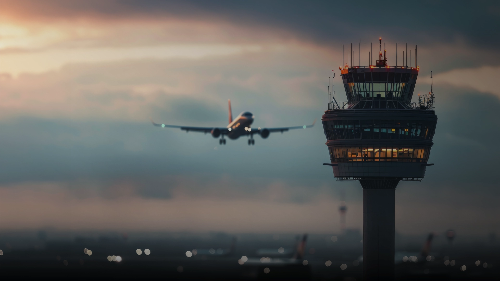 Aircraft approaching an airport control tower